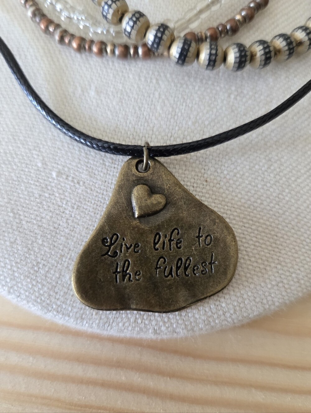 Black Cord Necklace with Brass Heart Charm With Quote